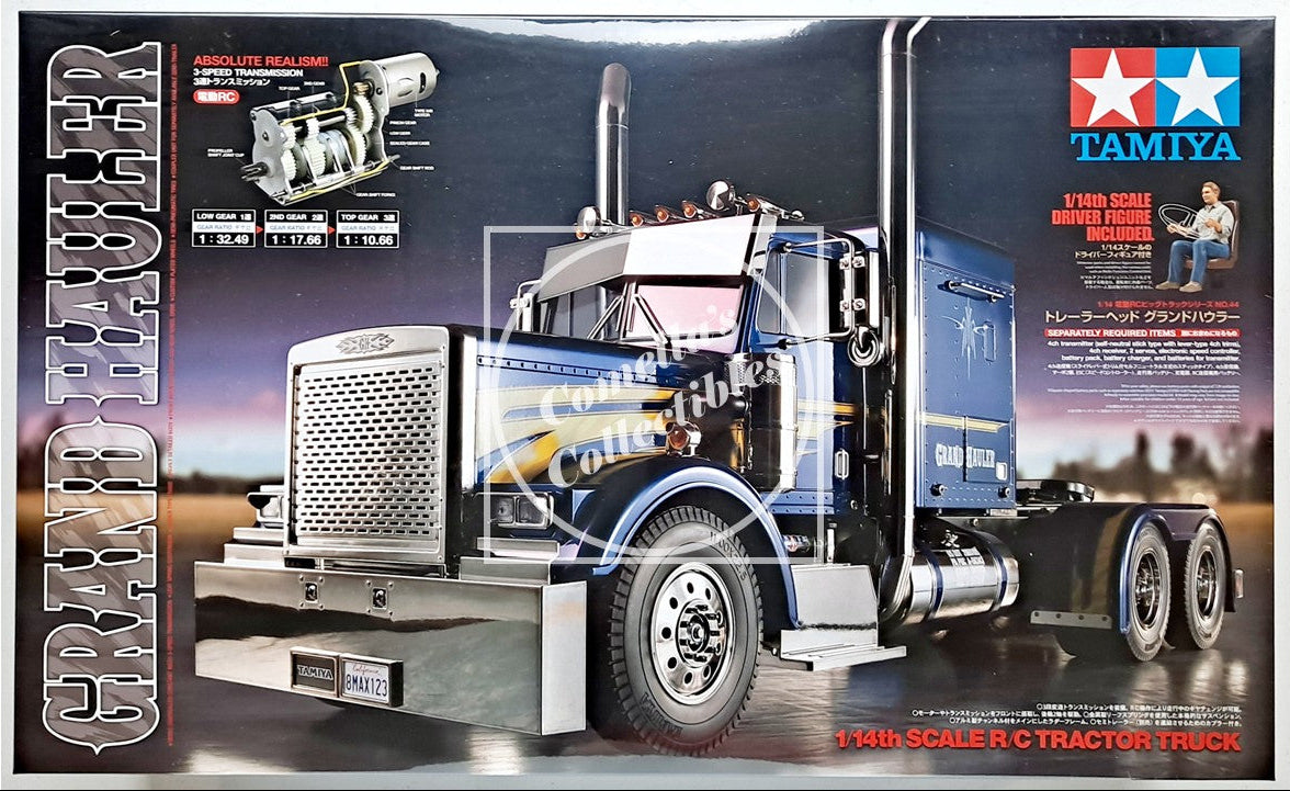 Model truck kit packaging with Tamiya branding and detailed illustrations.