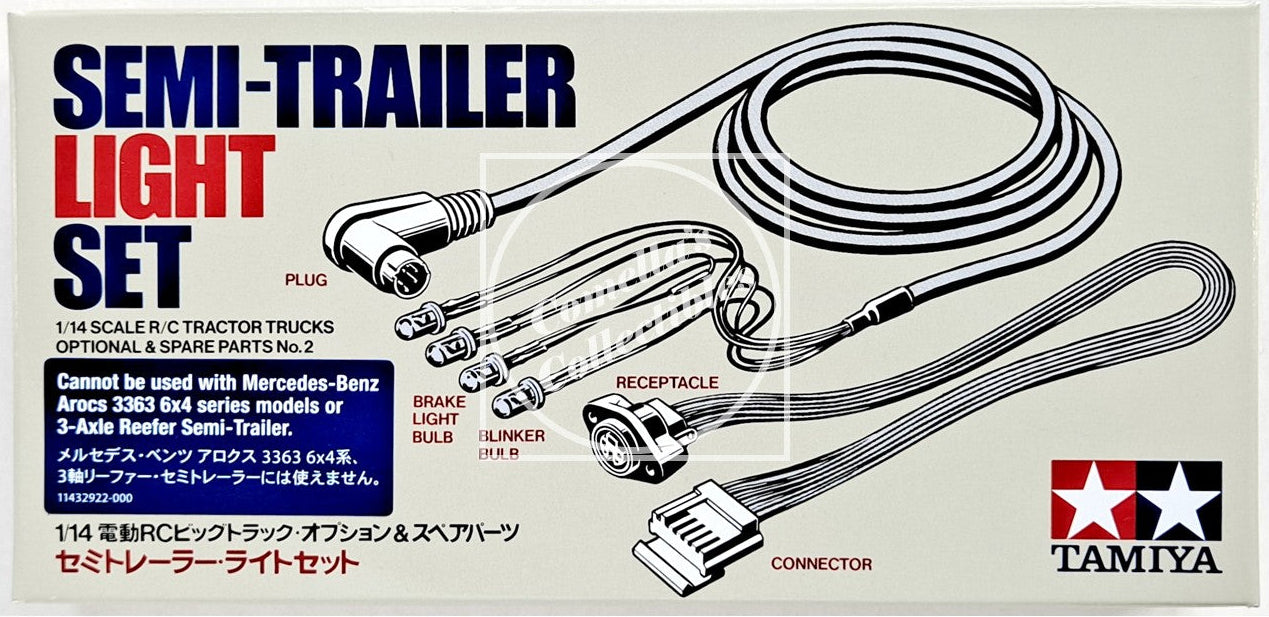 Tamiya semi-trailer light set packaging with wiring diagram and Tamiya logo.