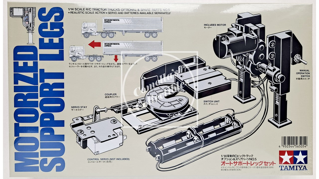 Model kit packaging for Tamiya motorized support legs with detailed illustrations and text.