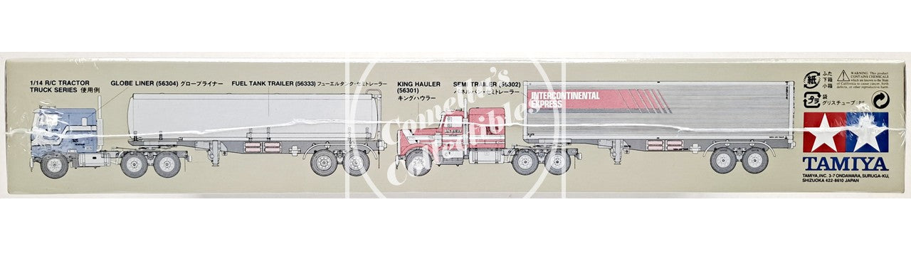 Model kit packaging of a fuel tank trailer truck with Tamiya branding.