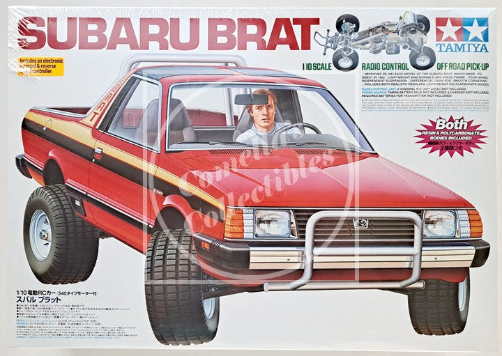 Model kit box for a red Subaru Brat off-road pickup truck with Tamiya branding.