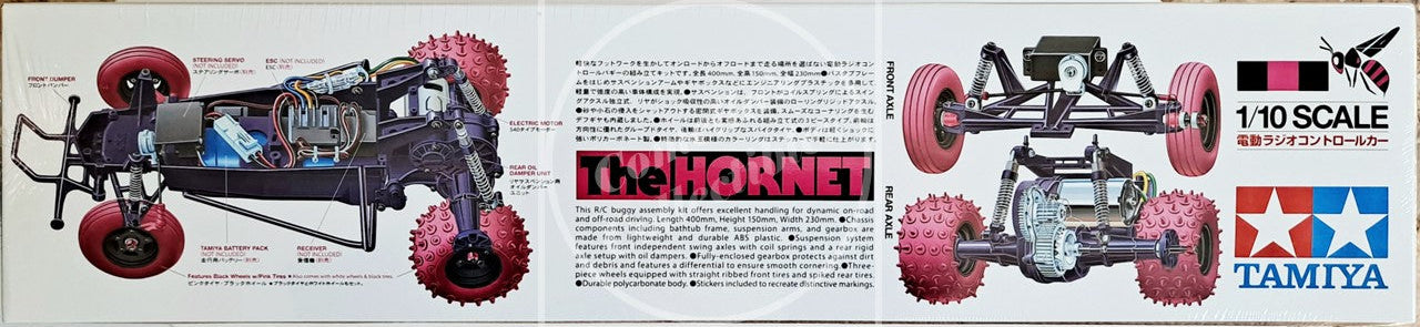 Model car kit box with Tamiya branding and 'The Hornet' model illustration.