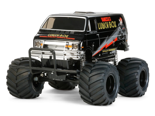 Monster truck with 'Wheels' and 'Lunch Box' branding on a white background