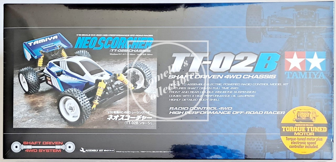 Tamiya TT-02B RC car chassis packaging with branding and specifications.