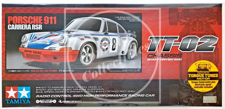 Model car kit packaging for Porsche 911 Carrera RSR TT-02 with Tamiya branding.