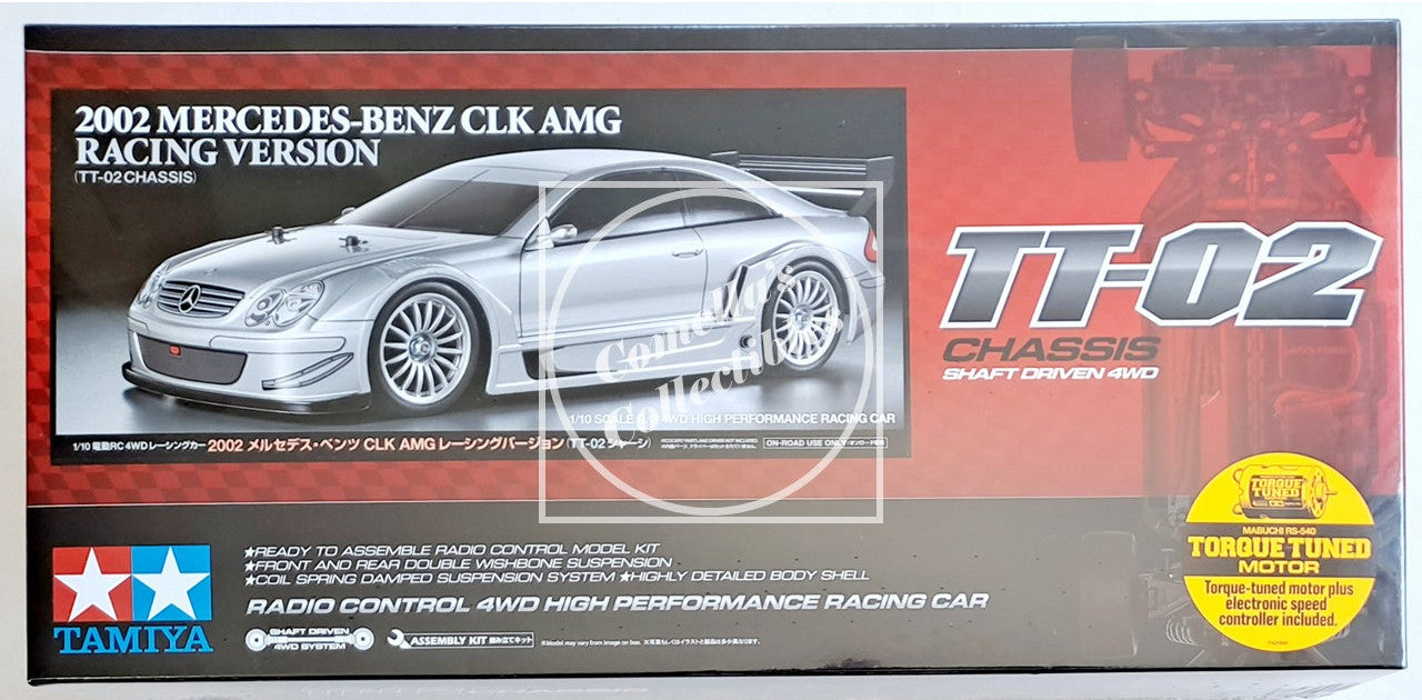Model car kit box for 2002 Mercedes-Benz CLK AMG Racing Version by Tamiya on a white background