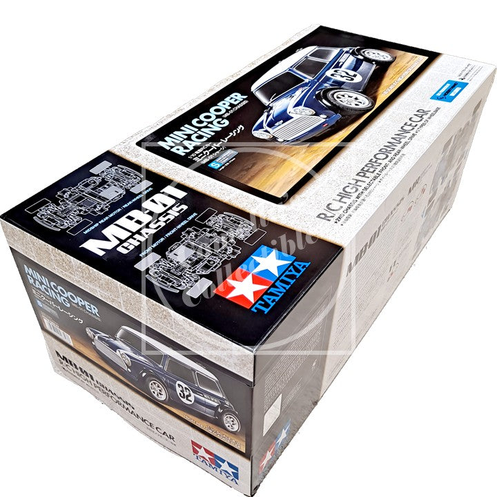 Tamiya model car kit packaging with Mini Cooper Racing branding