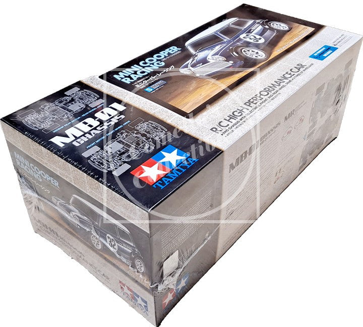 Model car kit box with Tamiya branding on a white background