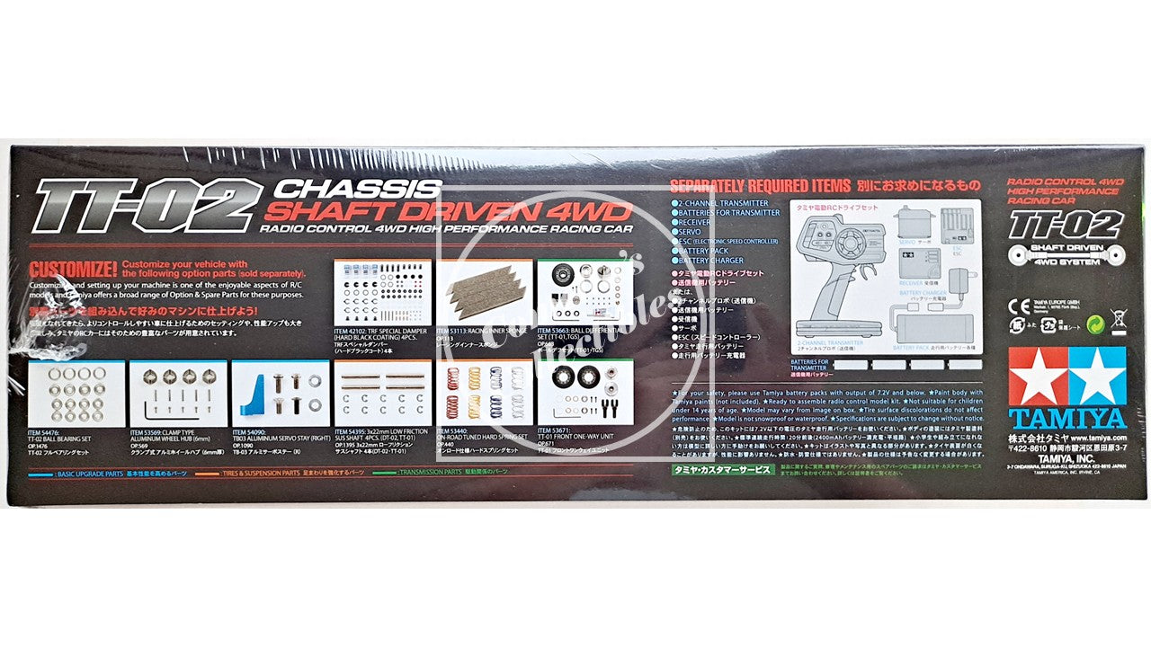 Tamiya TT-02 chassis packaging with specifications and branding.