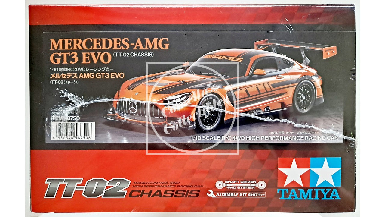 Model car kit packaging for Mercedes-AMG GT3 EVO by Tamiya on a red background
