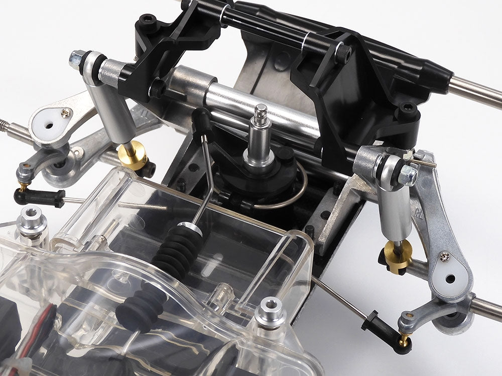 Close-up of a mechanical model or robot arm on a white background