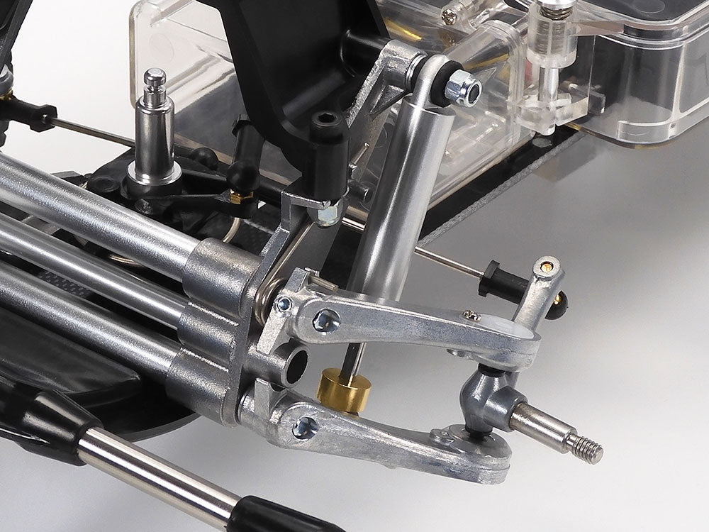 Close-up of a mechanical component with metal rods and joints on a white background