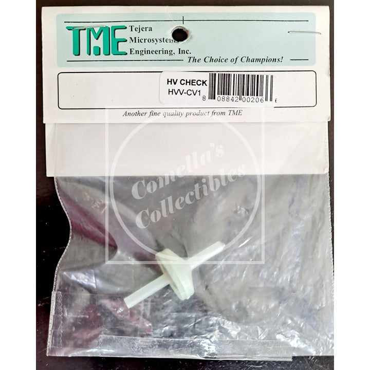 HV check valve in clear packaging with TME label on a dark background