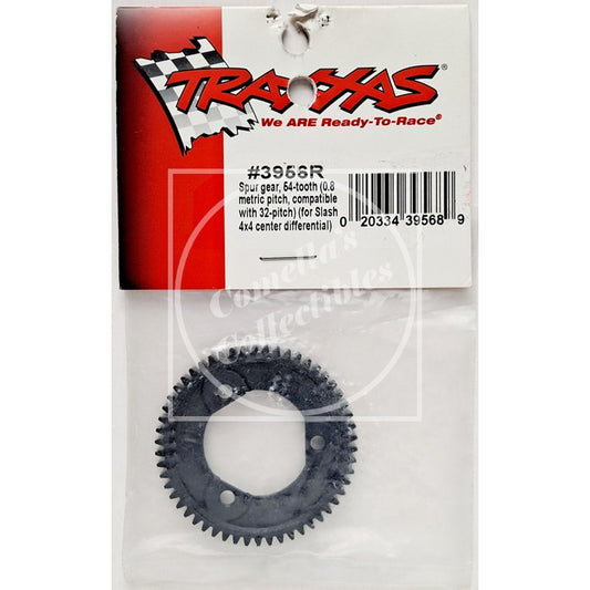 Traxxas 64-tooth metal spur gear in a clear plastic bag with a branded white and red header card. The part number #39568R is printed on the card.