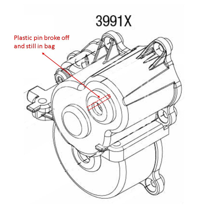 Technical diagram of a mechanical component with text indicating a plastic pin issue.