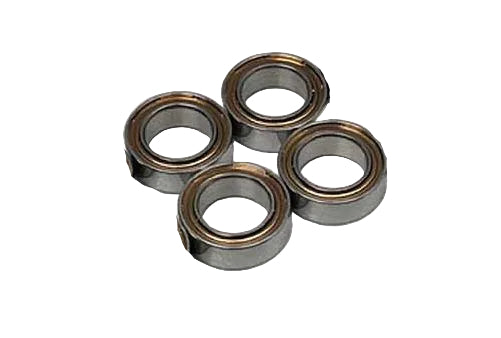 Four silver metal ball bearings arranged in two rows on a white background.