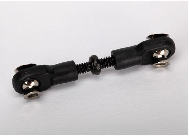A black metal rod with threaded ends and ball joint connectors on both sides, shown against a plain light gray background.