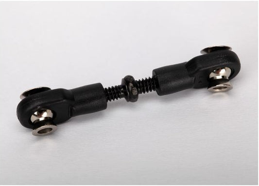 A black metal rod with threaded ends and ball joint connectors on both sides, shown against a plain light gray background.