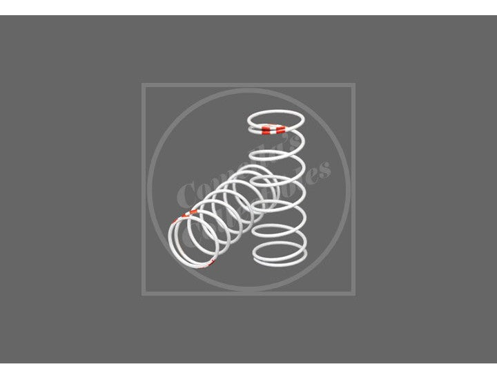 A white metal coil spring with small red accents, shown on a dark gray background with a faint circular watermark.