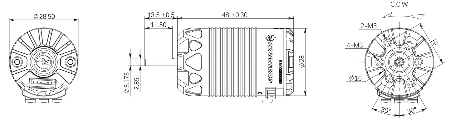 Technical drawing of XeRun 2848 brushless Motor with dimensions