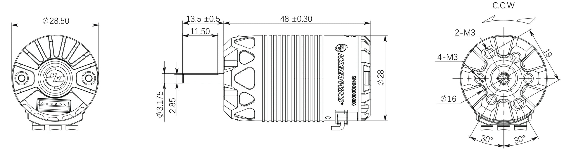 Technical drawing of XeRun 2848 brushless Motor with dimensions