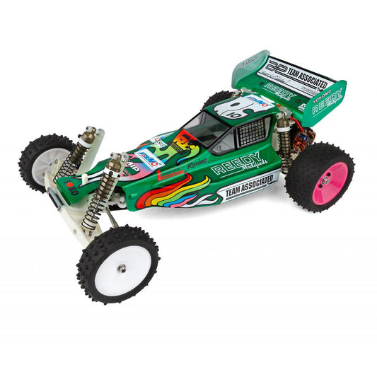 Green RC car with visible branding on a white background