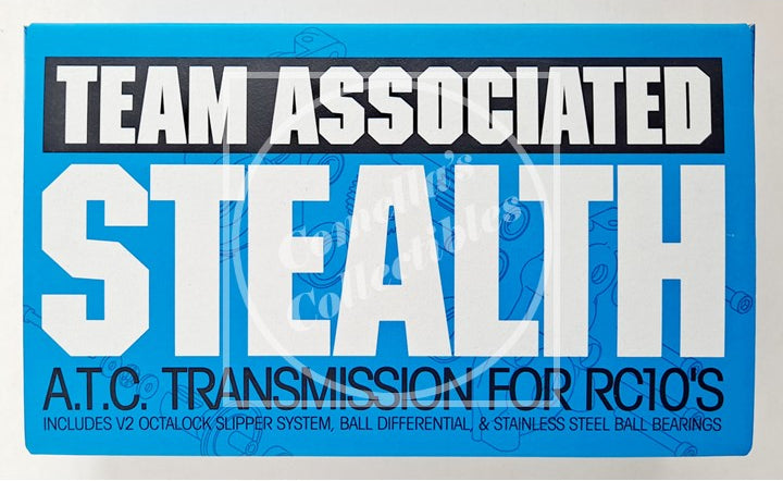 Team Associated Stealth transmission packaging with blue and white design