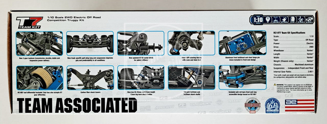 Team Associated RC car parts box with various components and branding on a white background