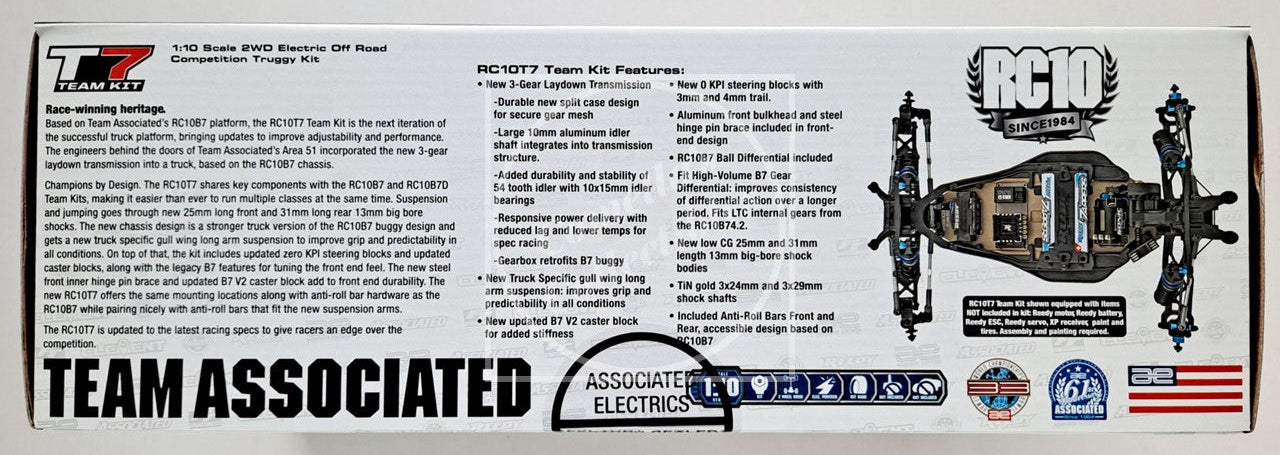 Box for RC10T7 Team Associated RC car kit with text and branding.