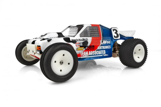 Model race car with branding on a white background