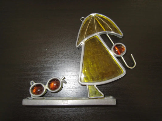 Vintage Girl with Umbrella and Duck Stain Glass Window Decoration