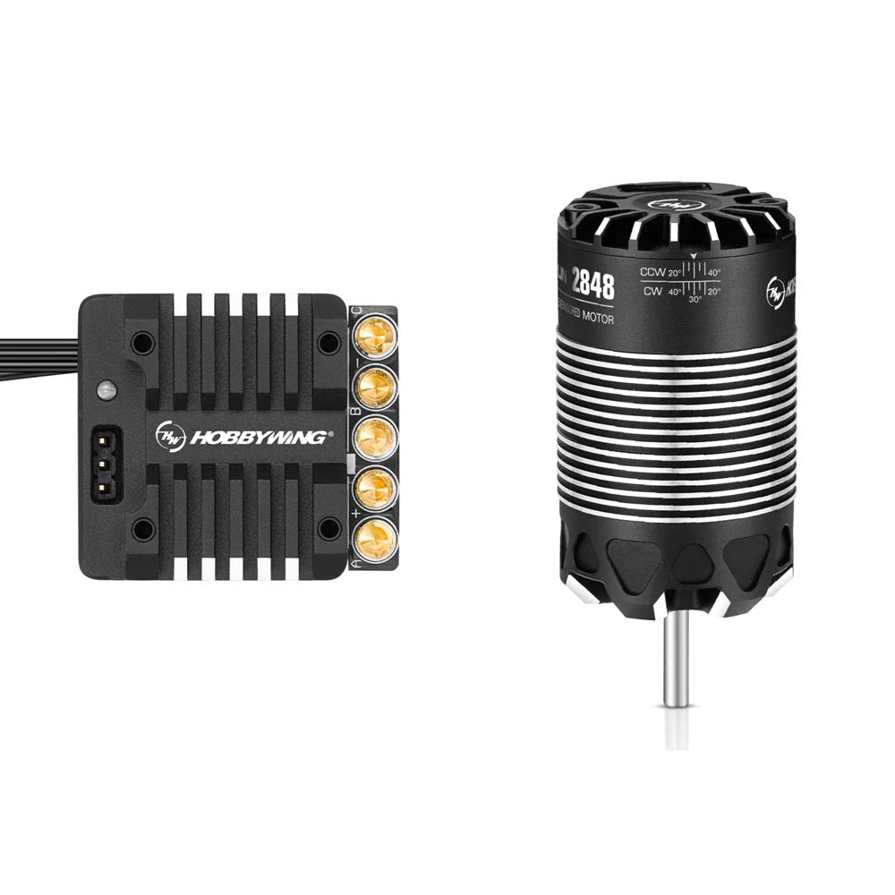 Hobbywing motor controller and motor on a white background