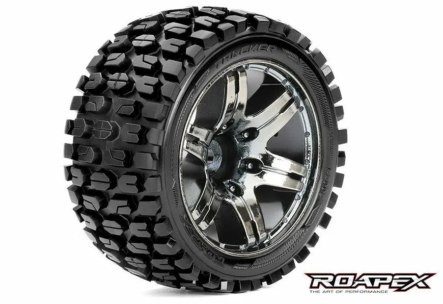 Roapex Tracker 1/10 SC Tires, Chrome-Black Wheels, 1/2 Offset 12mm Hex (1 pair)