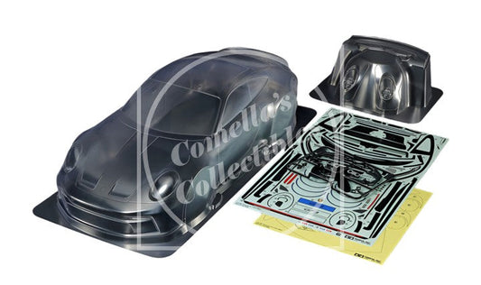 Collection of clear plastic display cases and a model car on a white background.